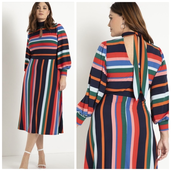 Eloquii Dresses & Skirts - Eloquii A-line Multi Striped Puff Sleeve Midi Dress